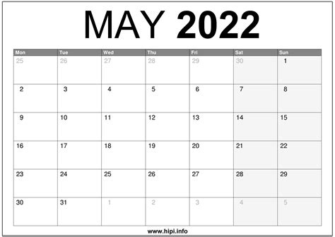 Editable Calendar May 2022